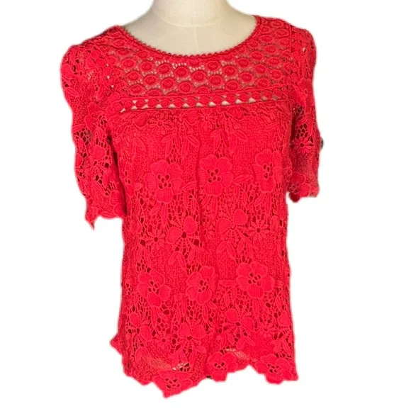 Anthropologie Vanessa Virginia Candace Lace Top Red Size 2 EUC - Picture 3 of 10